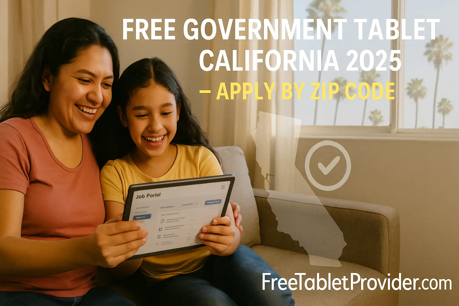 Mother and child in California using a free government tablet from Lifeline in 2025
