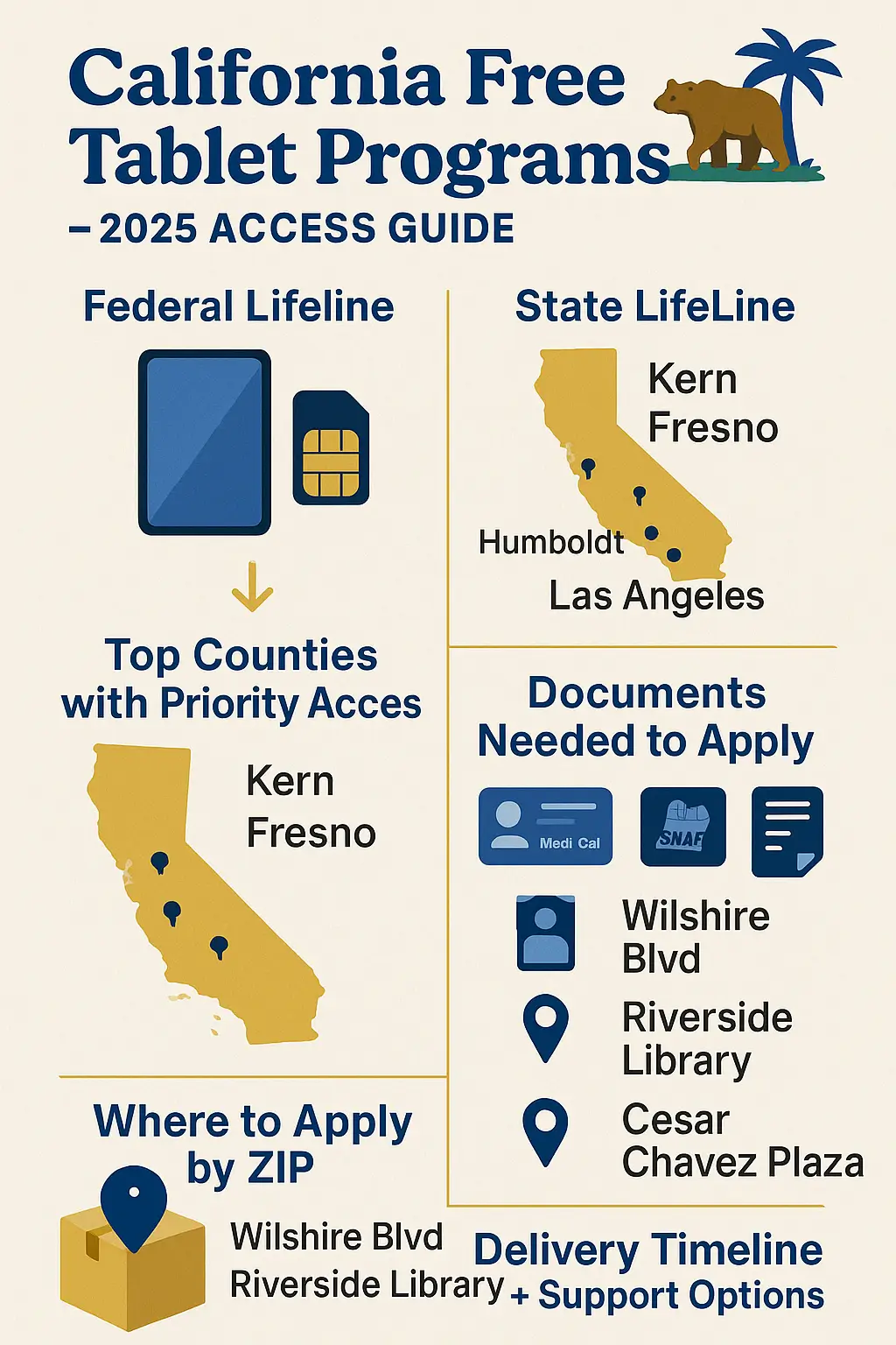 Infographic showing how California residents can apply for a free tablet with Lifeline in 2025 by ZIP code and eligibility 