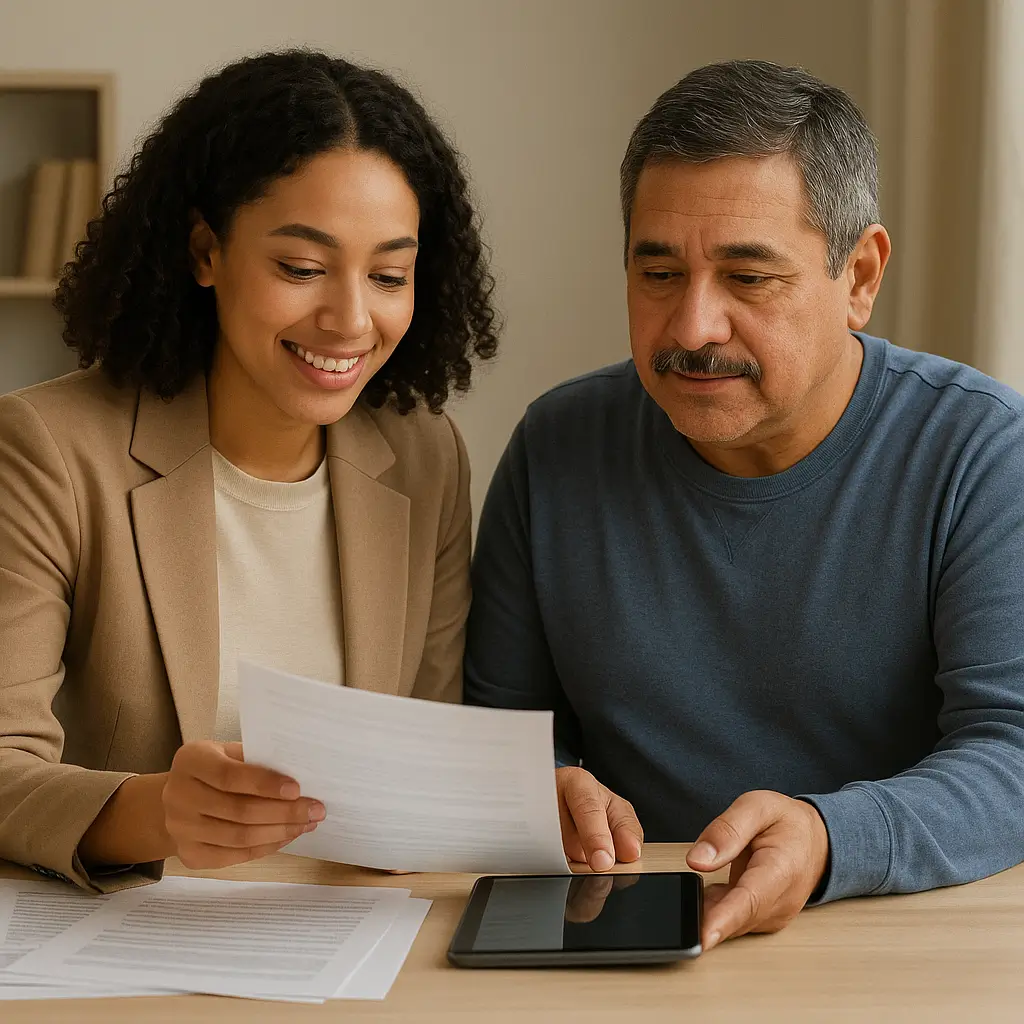 Supportive person helping review an application form, symbolizing assistance
