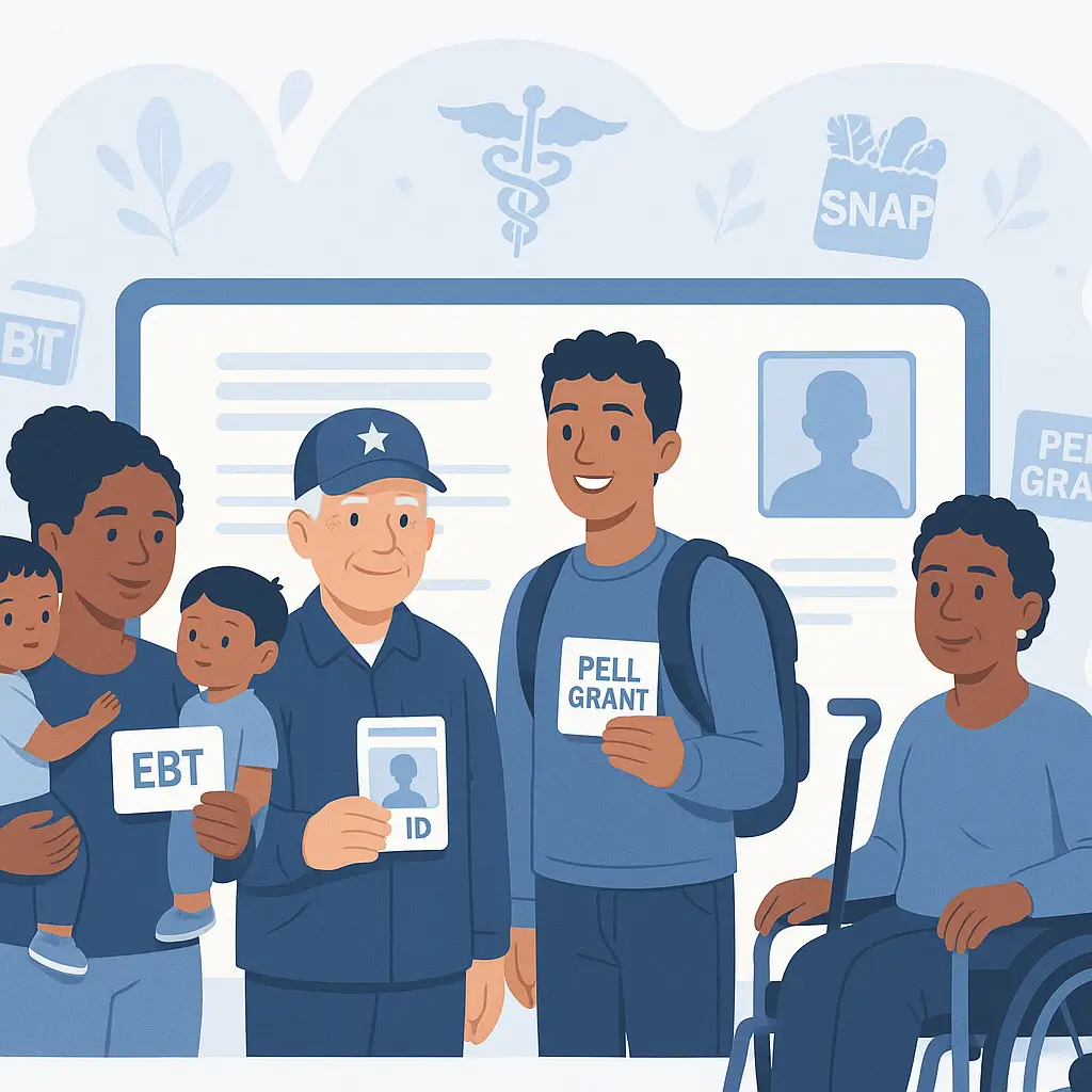 Clean and modern illustration showing diverse individuals benefiting from assistance programs